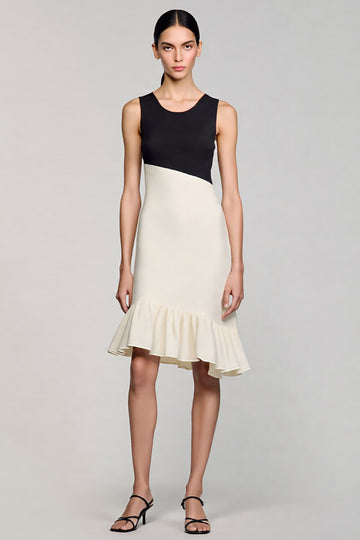 Ivory and Black Scoop Neck Sheath Formal Dress with Ruffles